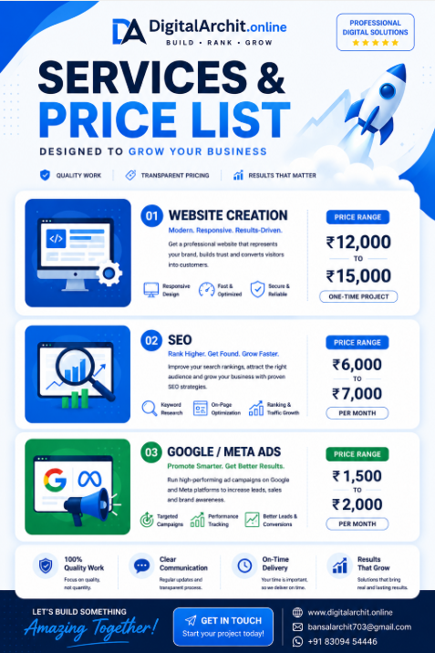 DigitalArchit SEO services and digital marketing price list including website creation, SEO, Google Ads and Meta Ads